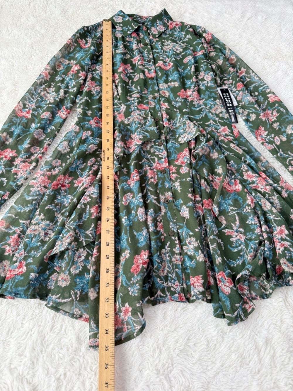 NWT Design Lab Woman Forest Green Floral Chiffon Ruffle Button Front Dress SMALL - Picture 5 of 8